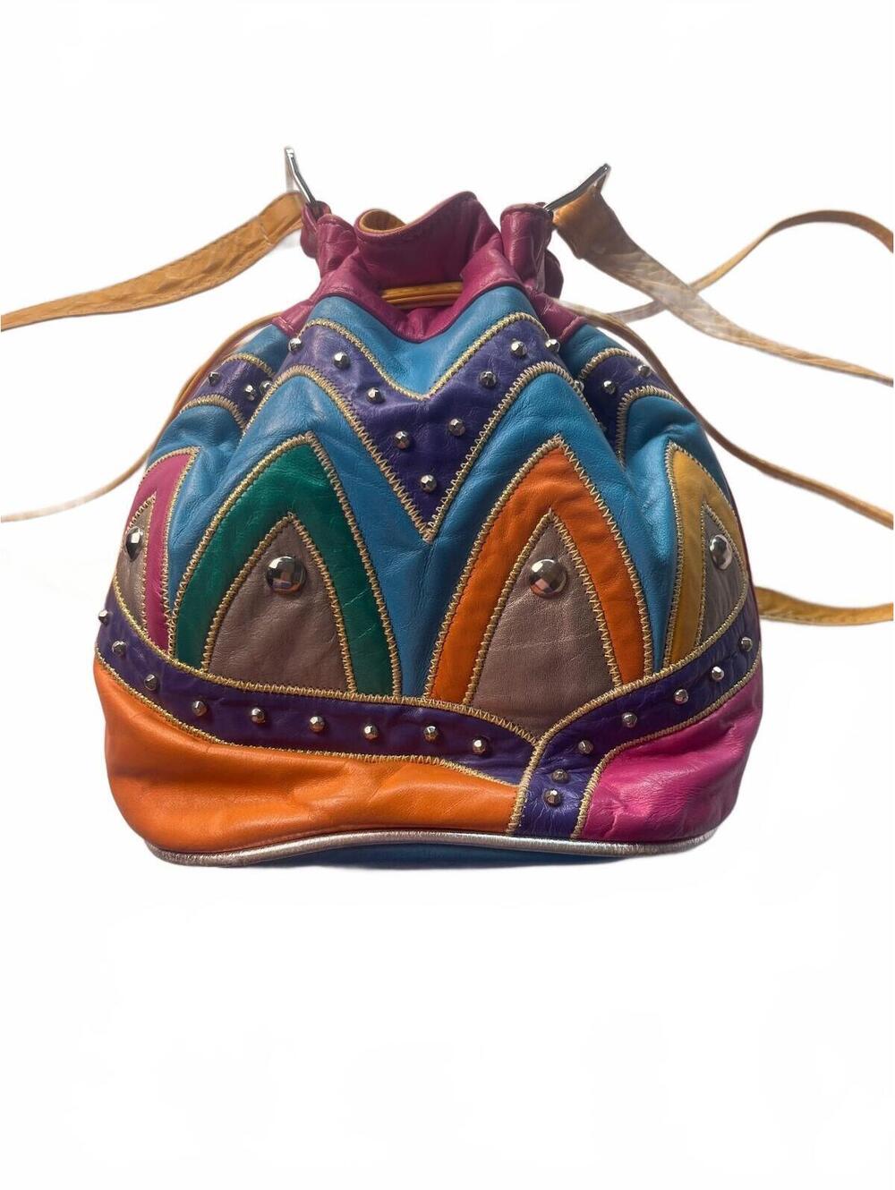 La Bottega Multicolor Leather Drawstring Bucket Bag Made in Italy 1980s